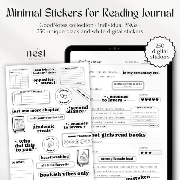 Digital Stickers for Reading Journal | Bookish GoodNotes Stickers | Widgets Tropes Genres | Minimal Stickers for Bookworm | Black and White