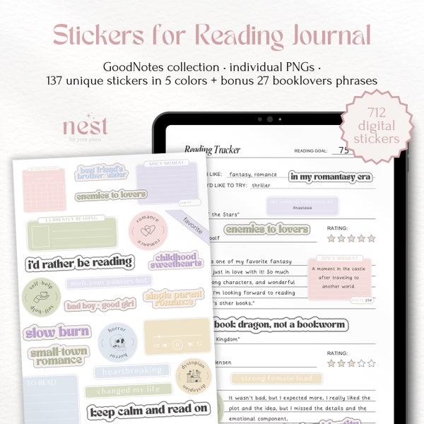 Digital Stickers for Reading Journal | Bookish GoodNotes Stickers | Widgets Tropes Genres | Pastel Stickers for Bookworm | Notability