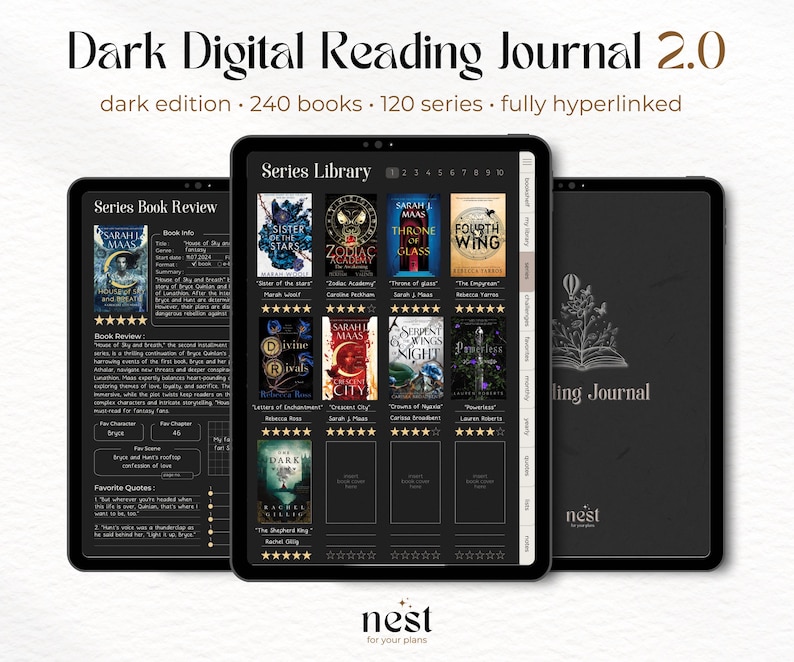 Digital Reading Journal | Book Journal | Reading Tracker in Dark Mode with black pages and light text. Track your reading, write book reviews, save favorite quotes, build a digital bookshelf, complete reading challenges, and use trackers. Perfect for fans of classic literature, fantasy, and mystery. Compatible with iPad and Android tablets in PDF annotation apps like GoodNotes, Notability, CollaNotes, and Samsung Notes