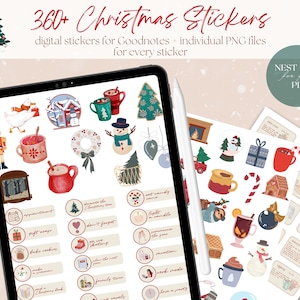 May include: A digital planner with 360+ Christmas stickers for Goodnotes. The stickers are colorful and feature a variety of Christmas themes, including a snowman, a gingerbread house, a Christmas tree, and a cup of hot chocolate. The stickers are individual PNG files and can be used to decorate digital planners, notes, and other digital documents.