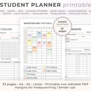 Paquete imprimible de planificadores para estudiantes / Planificador académico / Rastreador para estudiantes / Planificador universitario / Planificador de escuela secundaria / Planificador semestral / Tamaño carta A4 A5