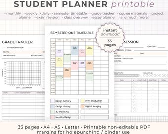 May include: A printable student planner with 33 pages, including a semester timetable, grade tracker, and session review pages. The planner is designed for A4, A5, and Letter sizes and has margins for hole punching.