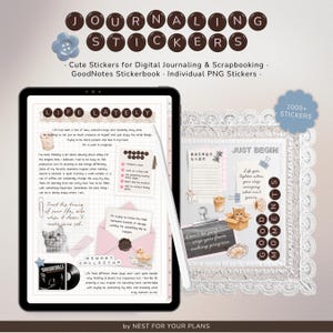 Puede incluir: Un conjunto de pegatinas digitales para diario y álbumes de recortes titulado Journaling Stickers, con más de 1000 archivos PNG. La pantalla muestra una página con cuadrícula, texto escrito a mano, ilustraciones de gatos y sobres.