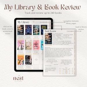 May include: A digital tablet screen displaying a library app with a book review section. The app features a grid of book covers with titles and ratings. The book review section includes a book cover, title, author, genre, date published, number of pages, start date, recommended by, book summary, and a five-star rating system.