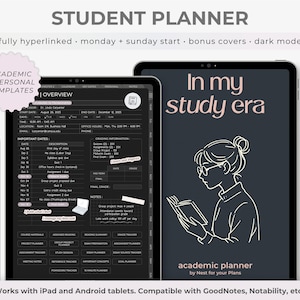 Puede incluir: Planificador digital para estudiantes que se muestra en dos tabletas. Una tableta muestra una descripción general con fechas y tareas. La otra presenta el texto "In my study era" con un dibujo lineal de una persona leyendo. Compatible con iPad y Android.