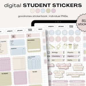 Digital Student Stickers | 810 Aesthetic Stickers for Goodnotes, Notability | Subject Labels, Study Reminders, 3D Phrases, Sticky Notes