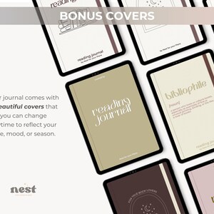 May include: A collection of digital reading journals displayed on tablets. The journals feature various cover designs, including text that reads "reading journal" and "bibliophile." The image also includes the text "BONUS COVERS" and "FOR TRUE BOOK LOVERS."