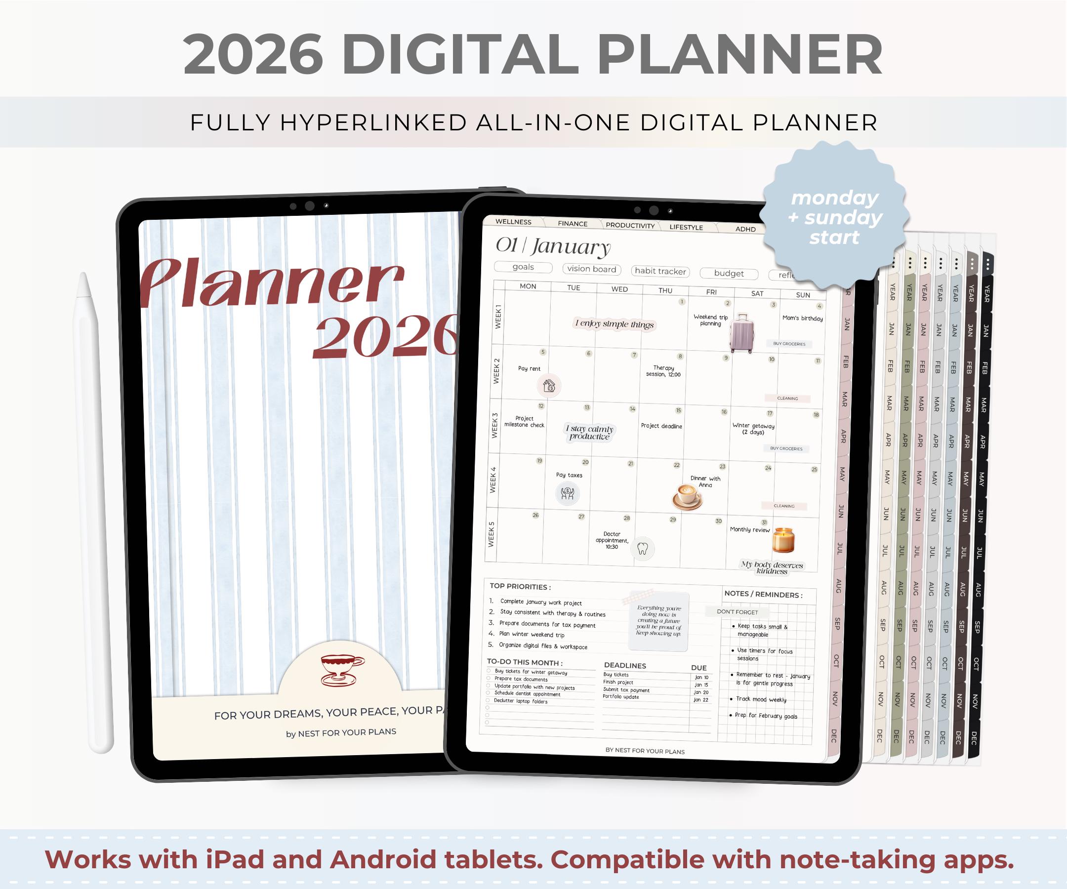 ADHD Digital Planner, 2026 Goodnotes Planner, Monday & Sunday Start ...
