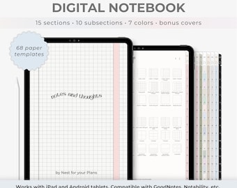 Cuaderno digital, cuaderno GoodNotes, plantilla de papel digital para notas, cuaderno para estudiantes, cuaderno con hipervínculos, pestañas, líneas, cuadrícula y puntos.
