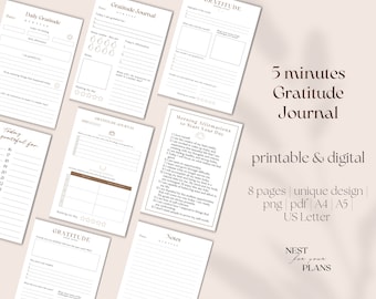 Pode incluir: Um diário de gratidão imprimível e digital com 8 páginas, com um design único. O diário inclui prompts para gratidão diária, afirmações e reflexões. O diário está disponível nos tamanhos A4, A5 e US Letter.