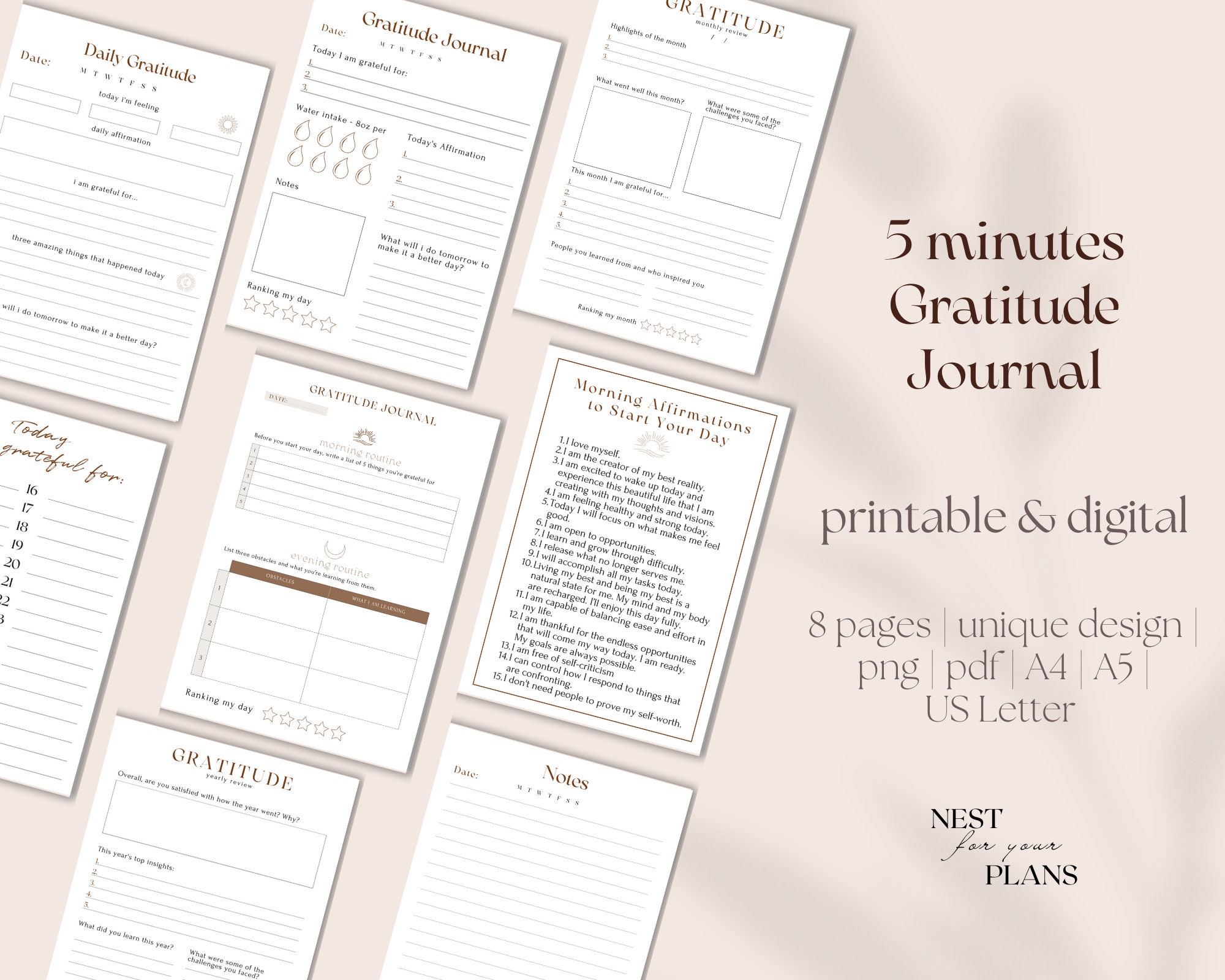 Gratitude Journal Printable Bundle | Minimal Self-care Planner | Daily ...