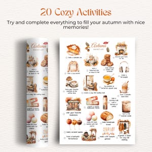 May include: A printable checklist with watercolor illustrations of cozy autumn activities. The checklist is titled "Autumn Bucket List" and includes activities like baking a pumpkin pie, wearing a cozy sweater, visiting a historical site, and making a fall playlist.