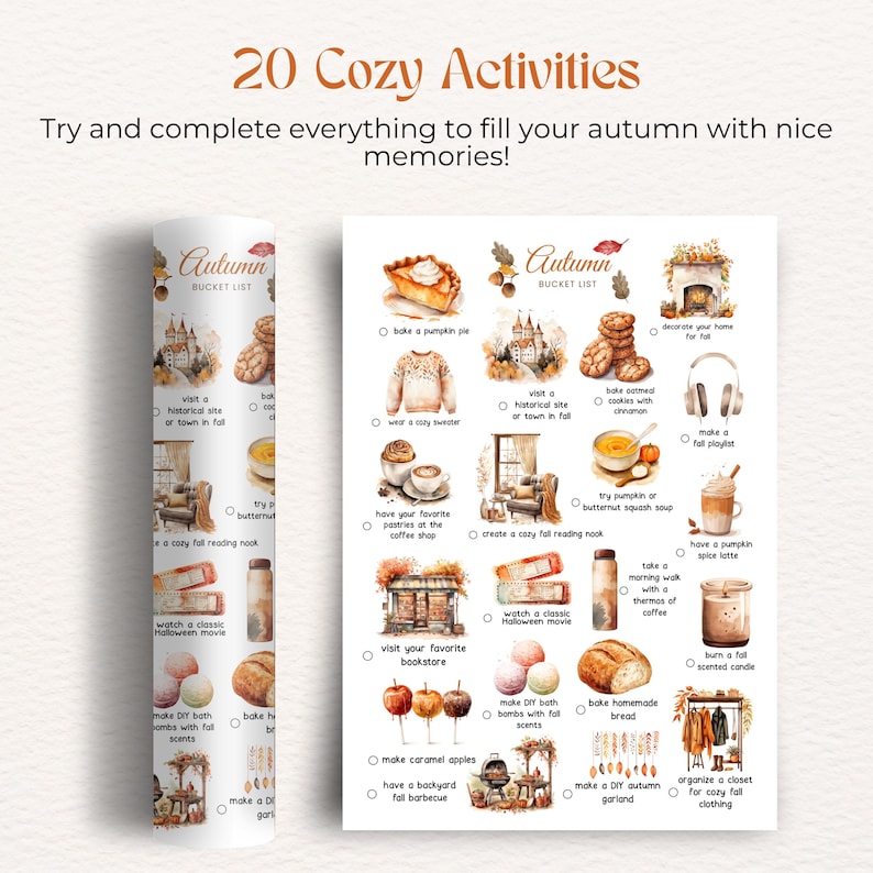 May include: A printable checklist with watercolor illustrations of cozy autumn activities. The checklist is titled "Autumn Bucket List" and includes activities like baking a pumpkin pie, wearing a cozy sweater, visiting a historical site, and making a fall playlist.