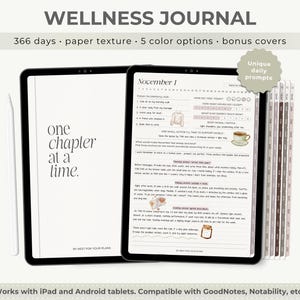Puede incluir: Un diario digital de bienestar en una tableta, con indicaciones diarias y un diseño de textura de papel. El diario incluye 366 días de contenido, 5 opciones de color y cubiertas adicionales. El texto "one chapter at a time" es visible en la portada. Compatible con iPad y tabletas Android.