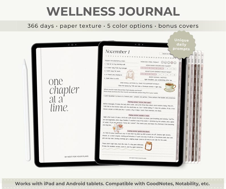 K&ouml;nnte beinhalten: Ein digitales Wellness-Journal auf einem Tablet, mit t&auml;glichen Eingabeaufforderungen und einem Papiertextur-Design. Das Journal bietet 366 Tage Inhalt, 5 Farboptionen und Bonus-Cover. Der Text "one chapter at a time" ist auf dem Cover sichtbar. Kompatibel mit iPad und Android-Tablets.