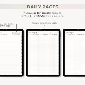 May include: Three digital tablet screens displaying daily journal pages. The screens show lined, grid, and dot journal styles. The text at the top says "DAILY PAGES" and "You have 366 daily pages for journaling."