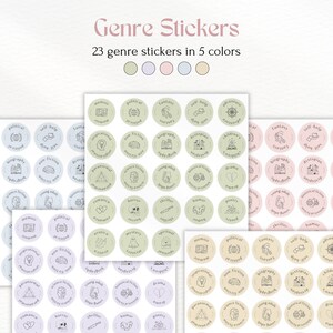 Pu&ograve; includere: Set di 23 adesivi di genere in cinque colori: verde, azzurro, rosa, viola e beige. Ogni adesivo presenta il nome di un genere e una piccola icona che rappresenta il genere. I generi includono: memorie, politica, fantasy, autoaiuto, avventura, letteratura per bambini, biografia, saggistica, distopia, paranormale, fantascienza, giovani adulti, narrativa storica, romance, horror, thriller, umorismo, poesia, erotica, mistero, spirituale e dramma.