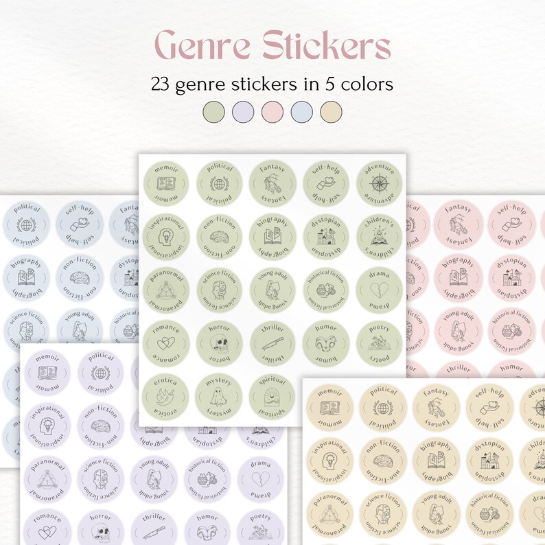Pu&ograve; includere: Set di 23 adesivi di genere in cinque colori: verde, azzurro, rosa, viola e beige. Ogni adesivo presenta il nome di un genere e una piccola icona che rappresenta il genere. I generi includono: memorie, politica, fantasy, autoaiuto, avventura, letteratura per bambini, biografia, saggistica, distopia, paranormale, fantascienza, giovani adulti, narrativa storica, romance, horror, thriller, umorismo, poesia, erotica, mistero, spirituale e dramma.