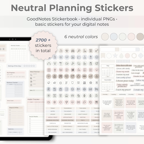 Digitale Aufkleber | Grundlegende Planung GoodNotes Stickerbook | iPad-Produktivitäts-Aufkleber | Neutrale minimalistische Aufkleber | Symbole, Labels, Widgets
