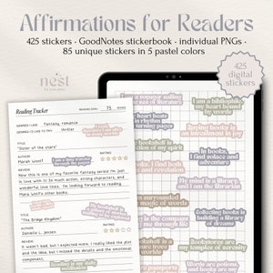 Affermazioni per gli amanti dei libri Adesivi digitali / Frasi librarie GoodNotes Stickerbook / Adesivi ispiratori per topi di biblioteca / Notabilità