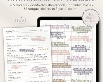 Affirmations for Book Lovers Digital Stickers | Bookish Phrases GoodNotes Stickerbook | Inspirational Stickers for Bookworm | Notability