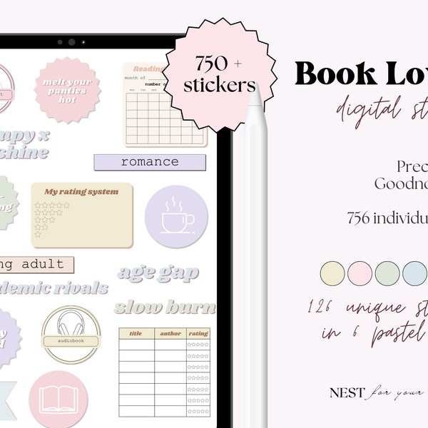 Book Lovers Digital Stickers | Romance Lovers Stickers | Pastel Bookish Stickers | PNG Stickers for Reading Journal | GoodNotes | Bookworm