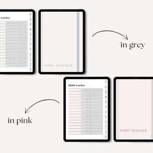 May include: Two digital tablet screen mockups showing a printable habit tracker template. The first mockup shows the template in black and white with a grey border. The second mockup shows the template in black and white with a pink border.