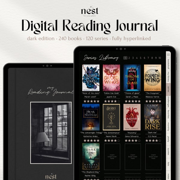 Diario de lectura digital / Dark Academia Black Reading Planner para iPad / GoodNotes Reading Tracker / Registro de lectura / Reseña de libros / Notabilidad