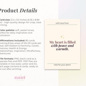 May include: A card with the text "My heart is filled with peace and warmth" in a soft, pastel color palette. The card is 2.5 x 3.5 inches (6.35 x 8.89 cm) and includes affirmations for daily inspiration and motivation. The card is from "nest for your plans."
