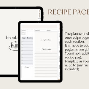 May include: A digital planner page template for recipes. The page includes sections for servings, prep time, cook time, difficulty, dietary restrictions, ingredients, directions, and notes. The planner also includes a space to insert a photo of the dish. The text "RECIPE PAGE" is at the top of the page.