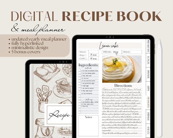 Digital Recipe Book, Digital Weekly Meal Planner, Goodnotes Cookbook, iPad Recipe Journal, Recipe Planner, Notability Recipe Organizer