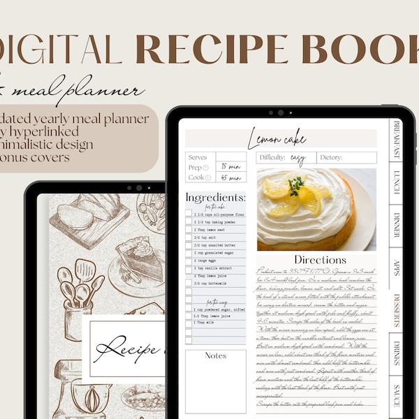 Digital Recipe Book, Digital Weekly Meal Planner, Goodnotes Cookbook, iPad Recipe Journal, Recipe Planner, Notability Recipe Organizer