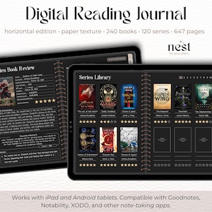 Diario di lettura digitale / Planner di lettura orizzontale scuro per iPad / Tracker di lettura GoodNotes orizzontale scuro / Diario di lettura Android /