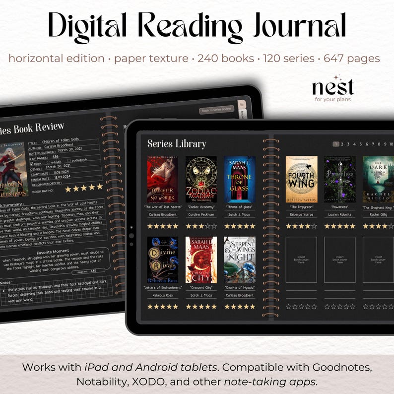Digital Reading Journal | Horizontal Dark Reading Planner for iPad ...