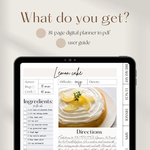 May include: A digital planner page with a recipe for lemon cake. The recipe includes ingredients, directions, and a photo of the finished cake. The page is labeled "Lemon cake" and includes the difficulty level, "easy".