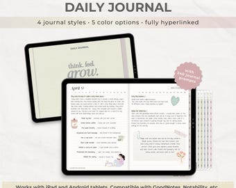 Digital Daily Journal with Prompts for iPad & Android. Horizontal Hyperlinked Diary for GoodNotes and other note-taking apps