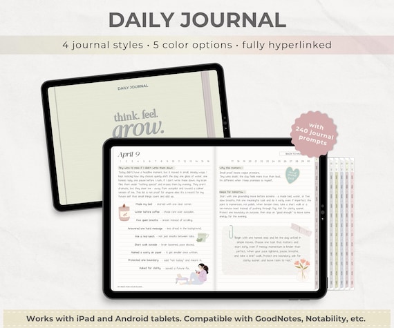 Digital Daily Journal with Prompts for iPad & Android. Horizontal Hyperlinked Diary for GoodNotes and other note-taking apps