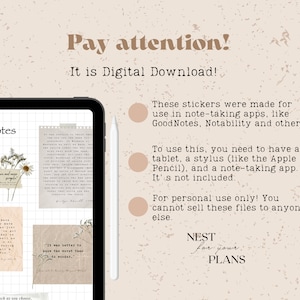 Puede incluir: Descarga digital de pegatinas para aplicaciones de toma de notas como GoodNotes y Notability. Las pegatinas presentan citas y un dise&ntilde;o floral. El texto "Pay attention! It is Digital Download!" est&aacute; en la parte superior de la imagen. El texto "NEST for your PLANS" est&aacute; en la parte inferior de la imagen.