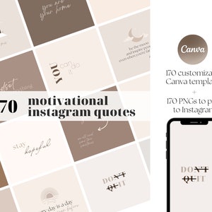 Op de afbeelding: Een collage van 170 motiverende Instagram-citaat sjablonen in bruine en beige tinten. De tekst bevat zinnen als "Ik kan, ik wil", "Jij kunt het", "Mindset boven alles", "Blijf hoopvol", "Geef niet op" en "Elke dag is een dag dichter bij je dromen".