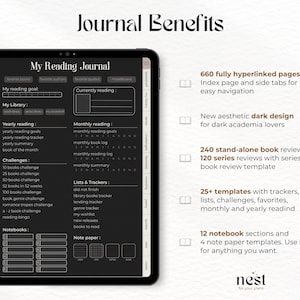 May include: A digital planner for tracking reading goals, challenges, and book reviews. The planner has a dark aesthetic design with a black background and white text. The planner includes sections for yearly reading, monthly reading, challenges, lists and trackers, notebooks, and note paper.