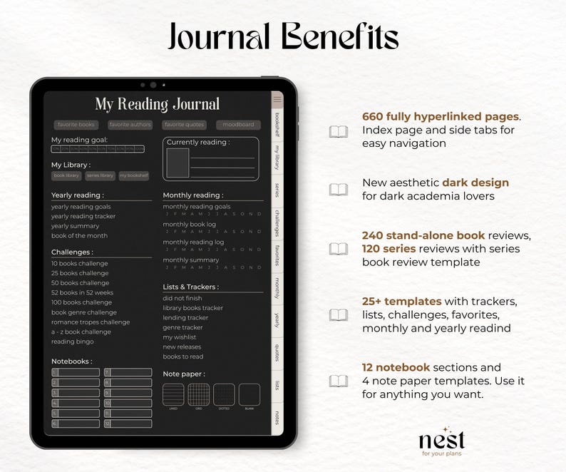 May include: A digital planner for tracking reading goals, challenges, and book reviews. The planner has a dark aesthetic design with a black background and white text. The planner includes sections for yearly reading, monthly reading, challenges, lists and trackers, notebooks, and note paper.