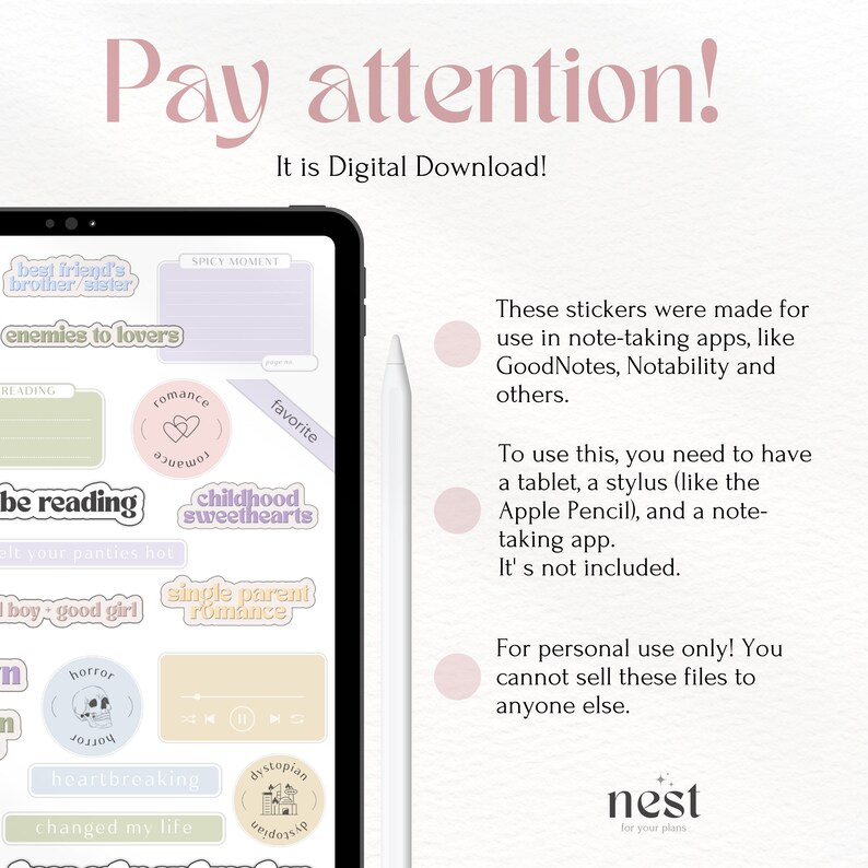 Pu&ograve; includere: Un download digitale di adesivi per app di note. Gli adesivi presentano varie frasi e design, tra cui "best friend's brother/sister", "enemies to lovers", "be reading", "childhood sweethearts", "single parent romance", "horror", "heartbreaking changed my life" e "dystopian undersip". Gli adesivi sono in uno schema di colori pastello con bordi arrotondati.