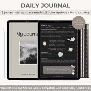 Puede incluir: Un diario digital diario que se muestra en una tableta, con una interfaz de modo oscuro. El diario incluye 3 estilos, 5 opciones de color y cubiertas adicionales. El texto dice "DAILY JOURNAL" y "My Journal". Compatible con iPad y tabletas Android.