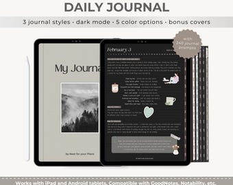 Digital Daily Journal with Prompts for iPad and Android. Dark Mode Hyperlinked Diary for GoodNotes and other note-taking apps