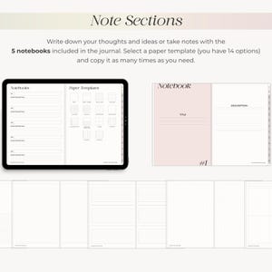 May include: Digital notebook with the text "Note Sections". The image shows a tablet displaying notebook templates and a physical notebook with a pink cover. The text says "5 notebooks included in the journal."