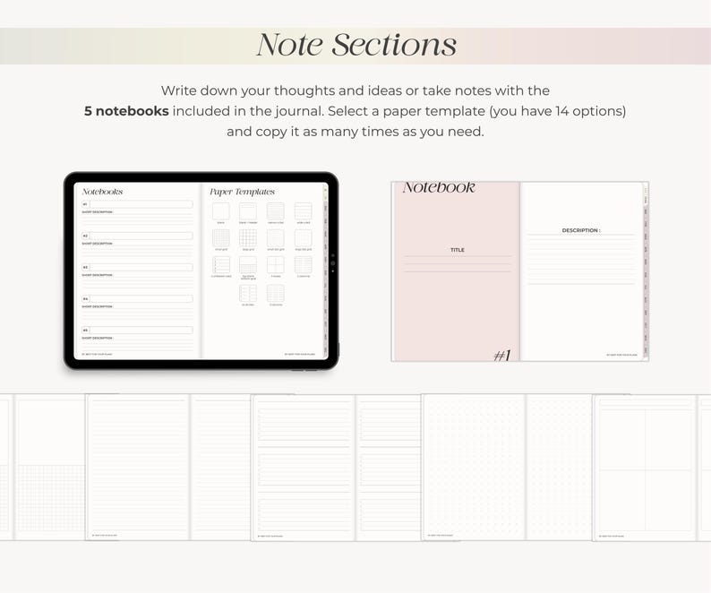 May include: Digital notebook with the text "Note Sections". The image shows a tablet displaying notebook templates and a physical notebook with a pink cover. The text says "5 notebooks included in the journal."