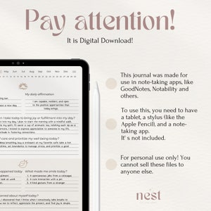 Op de afbeelding: Een digitale download van een printbaar dagboek voor gebruik in notitie-apps zoals GoodNotes en Notability. Het dagboek bevat een dagelijkse affirmatie, een sectie om na te denken over de dag en een sectie voor zelfreflectie. Het dagboek is alleen bedoeld voor persoonlijk gebruik en mag niet worden verkocht.