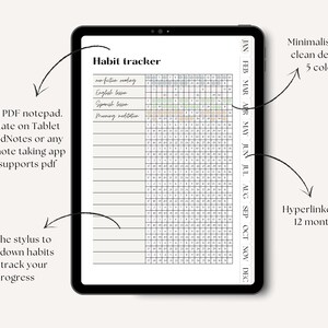 May include: A digital habit tracker on a tablet screen. The tracker is a grid with 12 columns representing months and rows for different habits. The habits listed are non-fiction reading, English lesson, Spanish lesson, and morning meditation. The tracker is designed with a minimalist and clean aesthetic in five colors.