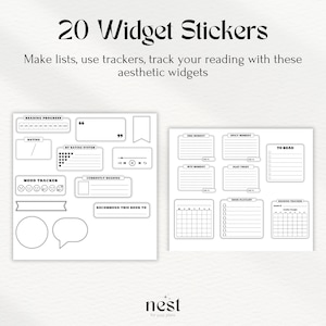 May include: A set of 20 black and white printable planner stickers with various designs for tracking reading progress, mood, and other activities. The stickers include a reading tracker, mood tracker, book playlist, and more.