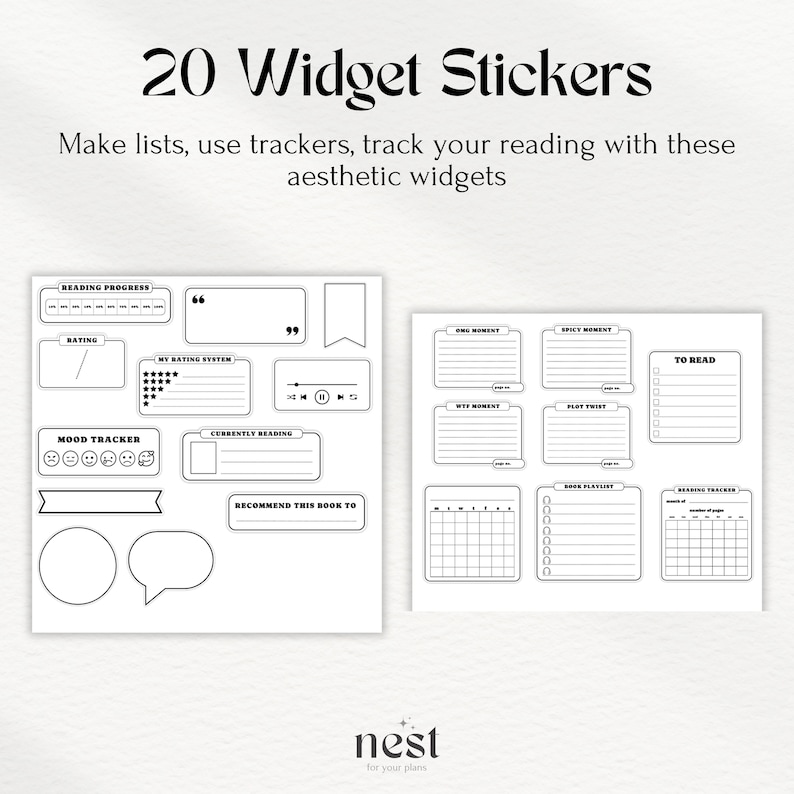 May include: A set of 20 black and white printable planner stickers with various designs for tracking reading progress, mood, and other activities. The stickers include a reading tracker, mood tracker, book playlist, and more.